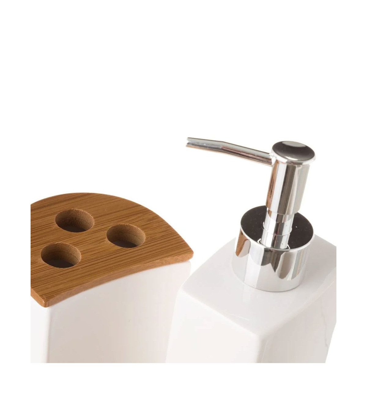 Ensemble Salle De Bain 4 Pièces - Distributeur De Savon, Gobelet, Porte-brosse, Porte-savon - Design Rayures Beige - En Résine Premium