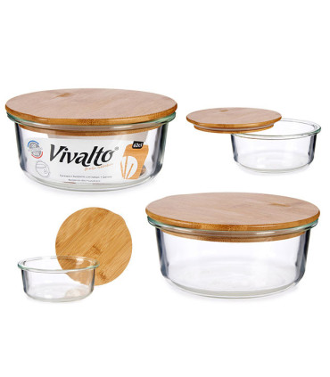 Round Kitchen Storage Box Transparent Glass and Bamboo - 95cl
