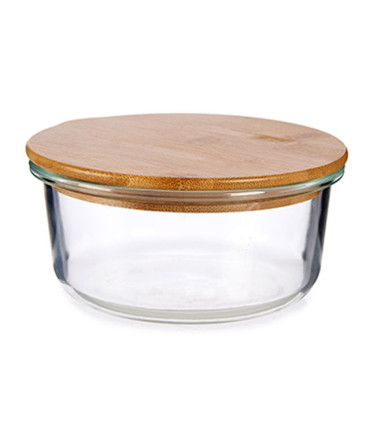 Round Kitchen Storage Box Transparent Glass and Bamboo - 95cl