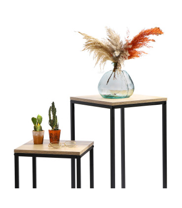 Set de 2 Sellettes Gigognes en Métal Noir et Bois Recyclé