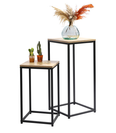 Set de 2 Sellettes Gigognes en Métal Noir et Bois Recyclé