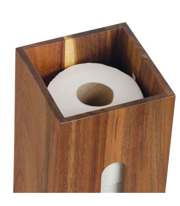 Rangement stock rouleaux papier toilette en acacia 14x14x33cm