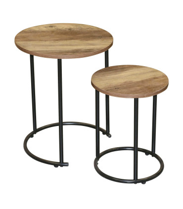 Set of 2 Wood and Metal Round Side Tables