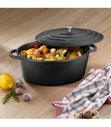 Cocotte en fonte émaillée noire ovale avec couvercle 6,5L