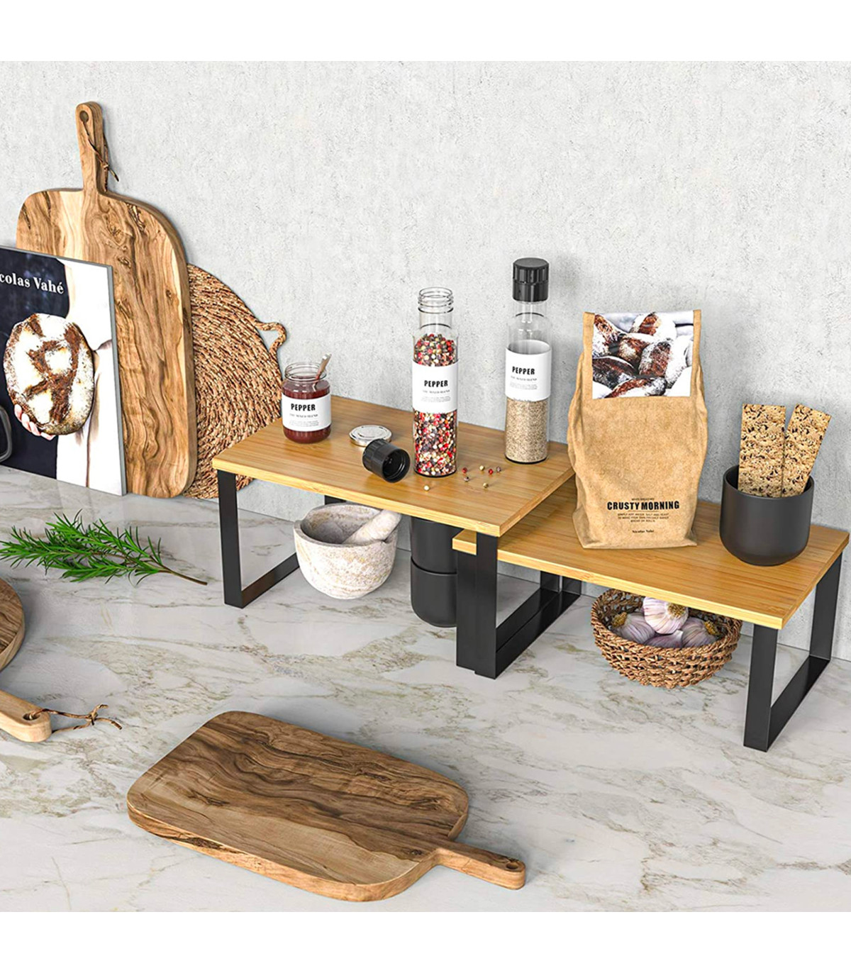 Étagère De Cuisine Industrielle En Bambou Et Acier - 120 Cm De Haut - Design Moderne Pour Rangement Et Décoration (Noir Mat) - 8