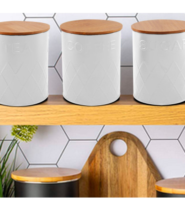 Set of 3 Kitchen jars black metal and bamboo