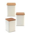 Set of 3 Kitchen jars white metal and bamboo