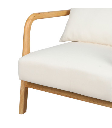 Fauteuil en bois d'hévéa et coussins blancs 77x65x73cm
