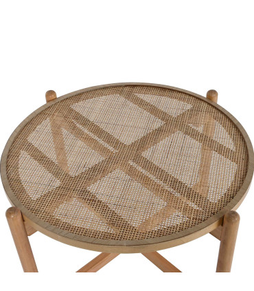 Table basse ronde en bois et cannage rotin 66x66x45cm