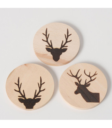 Set de 3 dessous de verres ronds en hêtre motifs cerfs 10x10x1cm