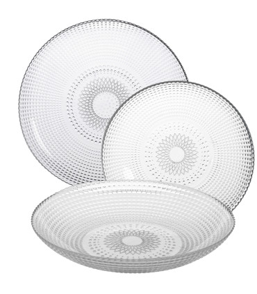 Service de 18 assiettes en verre: plates, creuses et à dessert