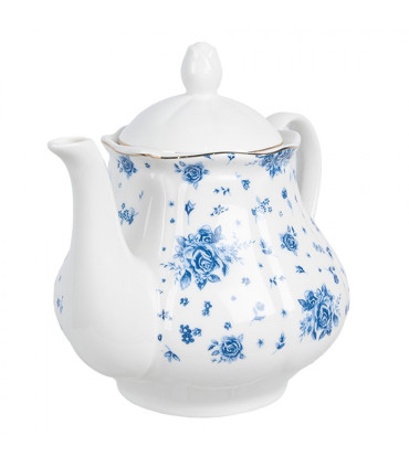Théière en porcelaine blanche motif fleuri bleu 1L