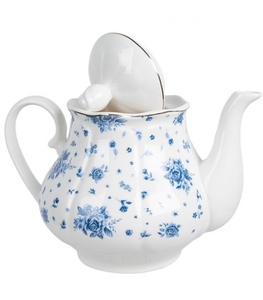 Théière en porcelaine blanche motif fleuri bleu 1L