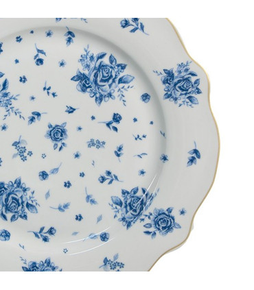 Assiette à dessert en porcelaine blanche motif fleuri bleu 20x20x2cm