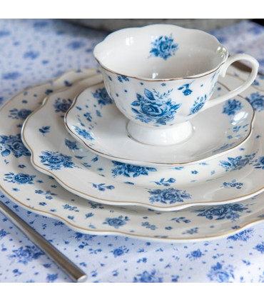 Assiette à dessert en porcelaine blanche motif fleuri bleu 20x20x2cm
