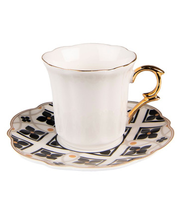 Tasse à café avec dessous de tasse en porcelaine blanc, noir, doré 95ml