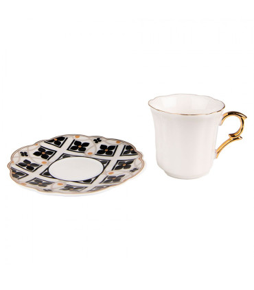 Tasse à café avec dessous de tasse en porcelaine blanc, noir, doré 95ml