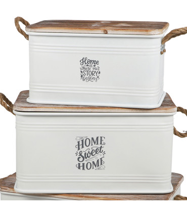 Set de 3 malles en métal blanc et bois 60x38x33cm