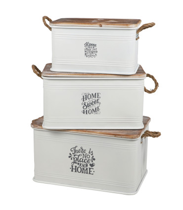 Set de 3 malles en métal blanc et bois 60x38x33cm