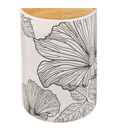 Distributeur de savon céramique et bois motif floral 7.7x7.7x18.5cm