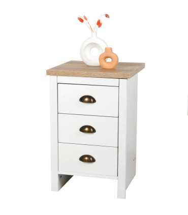 Table de chevet bois et blanc 3 tiroirs 40x38x60cm