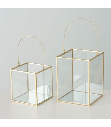 Set de 2 lanternes en métal doré et verre 14x14x19cm