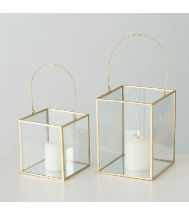 Set de 2 lanternes en métal doré et verre 14x14x19cm