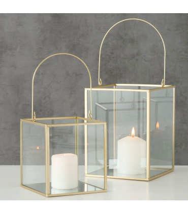 Set de 2 lanternes en métal doré et verre 14x14x19cm