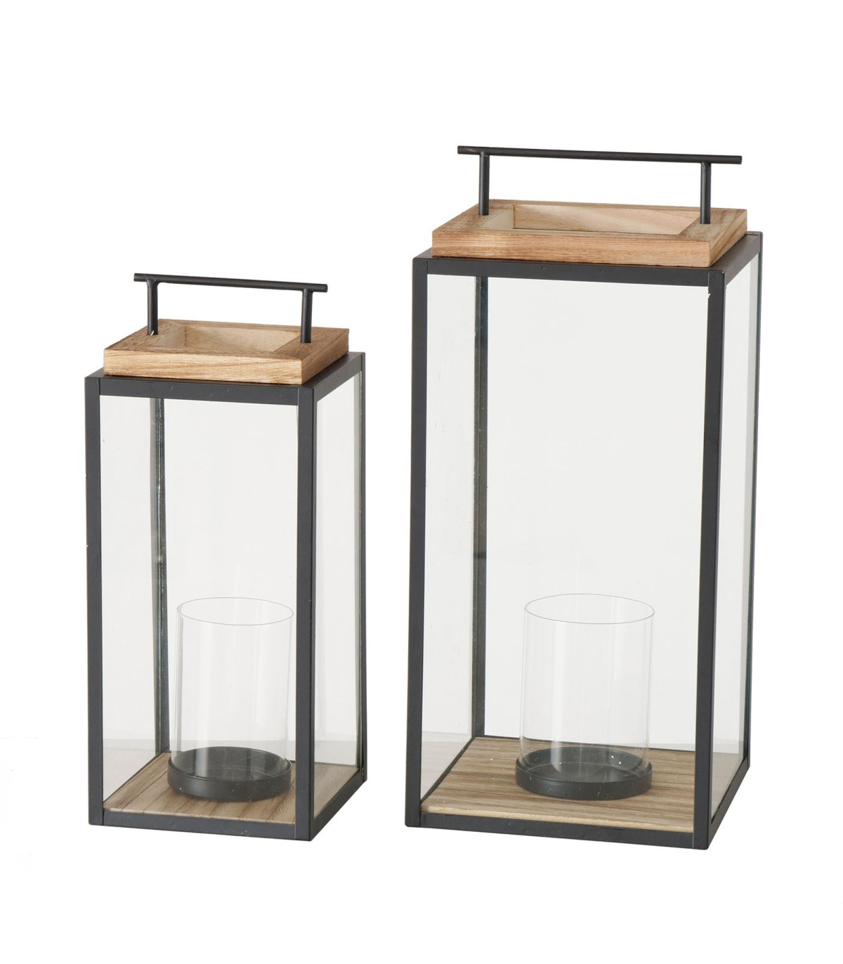 Lot De 2 Lanternes En Bois Avec Toit Métal - 32 Et 50cm De Haut, Porte Vitrée, Déco Intérieur/extérieur - 2