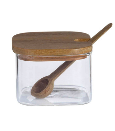 Set de 3 pots à épices en verre et plateau en bois d'acacia 21x10.5x7cm