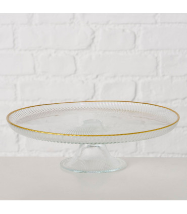 Présentoir à gâteau sur pied rond en verre et liseré doré 21.5x21.5x6cm