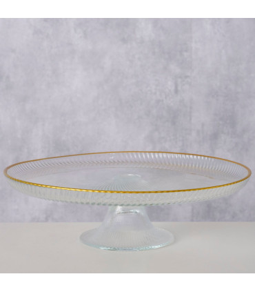 Présentoir à gâteau sur pied rond en verre et liseré doré 21.5x21.5x6cm