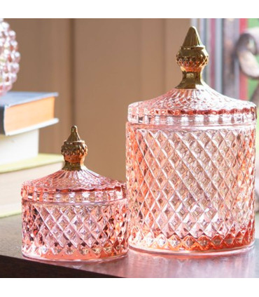 Boîte rangement salle de bain verre rose et doré 9x9x10cm