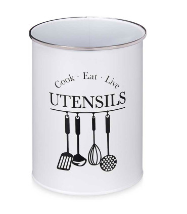 Porte ustensiles de cuisine rond en métal blanc 13x13x17.5cm
