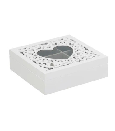 Coffret à bijoux en bois blanc taillé et verre coeur 23x23x7cm