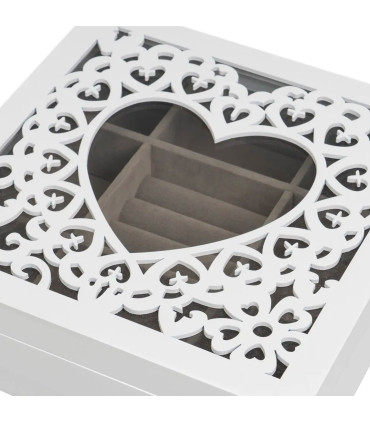 Coffret à bijoux en bois blanc taillé et verre coeur 23x23x7cm
