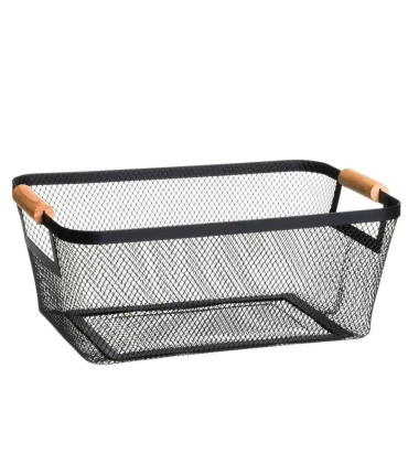 Set 2 paniers de rangement multiusage métal noir et bois 33x21x14cm
