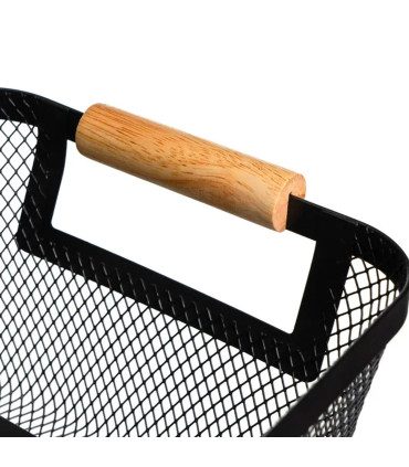 Set 2 paniers de rangement multiusage métal noir et bois 33x21x14cm
