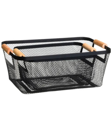 Set 2 paniers de rangement multiusage métal noir et bois 33x21x14cm