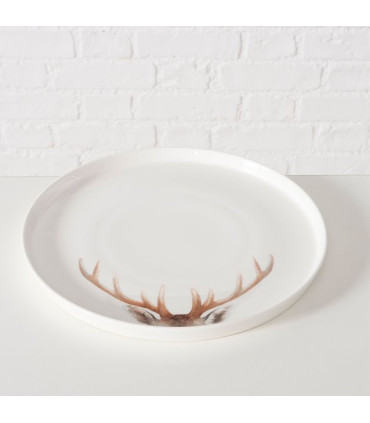 Assiette en céramique blanche motif cerf 26x26x2cm