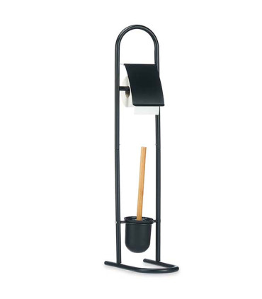 Dérouleur papier WC et brosse en métal noir et bambou 30x16x78.5cm