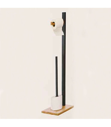 Dérouleur papier WC + Stock sur pied en bois noir et bambou 19x19x71cm