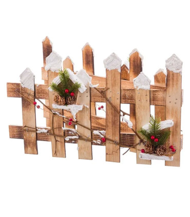 Barrière en bois enneigée et houx rouge décoration Noël 98x30x1.5cm