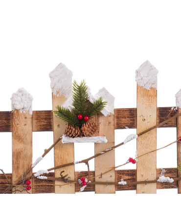 Barrière en bois enneigée et houx rouge décoration Noël 98x30x1.5cm