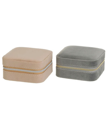 Set de 2 boîtes à bijoux de voyage velours beige et gris 10x10x4.5cm