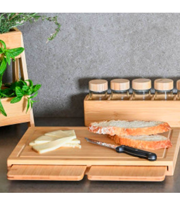 Set de 7 pots à épices en verre et plateau en bambou 32.5x6.5x6.5cm