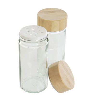 Set de 7 pots à épices en verre et plateau en bambou 32.5x6.5x6.5cm