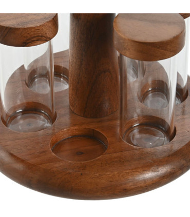 Set de 6 pots à épices en verre et plateau en acacia et inox doré 20.5x20.5x20cm