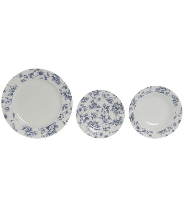 Service de 18 assiettes en porcelaine florale bleue: plates, creuses et à dessert