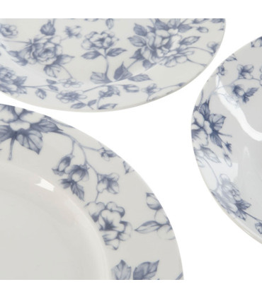 Service de 18 assiettes en porcelaine florale bleue: plates, creuses et à dessert